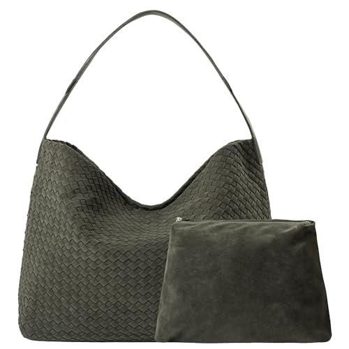 Leather Woven Tote Bag for Women, Vintage Suede Woven Hobo Bag, Large Crossbody Shoulder Slouchy Handbag - color: Green
