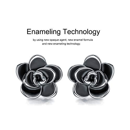 AllenCOCO Rose Flower Stud Earrings for Women Sensitive Ears, Hypoallergenic Cute Gold And Silver Rose Flower Earrings Studs for Women Nickel Free - color: Black flower/White gold, size: 0.35
