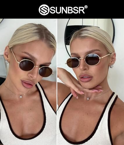 Retro Oval Sunglasses for Women Men 90s Trendy Small Round Gold Sun Glasses Fashion Narrow Metal Frame Shades - color: A2 Gold/Brown