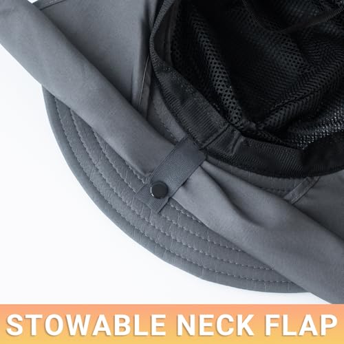 PFFY Sun Bucket Hats for Men Women Fishing Hat UV Protection Wide Brim Beach Safari Hat with Neck Flap - color: Grey (With Neck Flap)