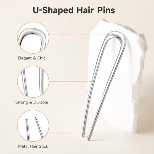 3 PCS French Hair Pins for Women, U Shaped Hair Pins for Buns, French Twists and Updos, Elegant Hair Accessories, Silver - color: Silver