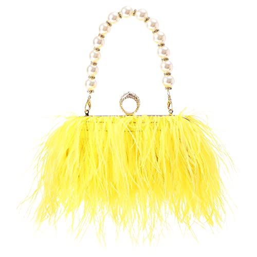 Women Real Natural Ostrich Feather Evening Bags Purses Clutch Vintage Banquet Handbag - color: Yellow