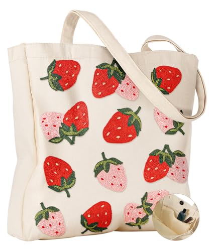 Miss Adola Embroidery Tote Bag with Pocket & Buckle - Reusable Canvas Tote for Women Cute Aesthetic Work Shopping Grocery Bag - style: Strawberry