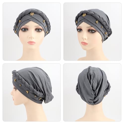 African Women Turban Caps Pre-Tied Twisted Turbans Head Scarf for Women Hair Wraps Cover Beanie Cancer Chemo Headwear - color: 1 Pack Twisted Braid A: Gold Bead Grey