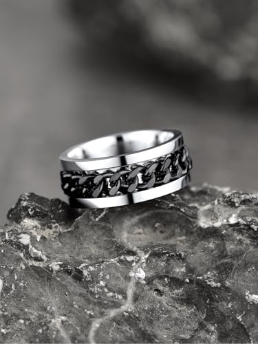 U7 Stainless Steel Mens Rings,7mm Gold/Black/Silver Chain Rings Fidget Spinner Ring Anxiety Ring for Men Women,Size 6-14 - color: Inlaid Chain Ring-Black