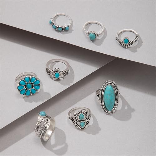 Bohemian Joint Knuckle Rings Set for Women,Vintage Boho Turquoise Stackable Rings Chunky Retro Turquoise Midi Finger Ring Statement Western Jewelry - style: Style B