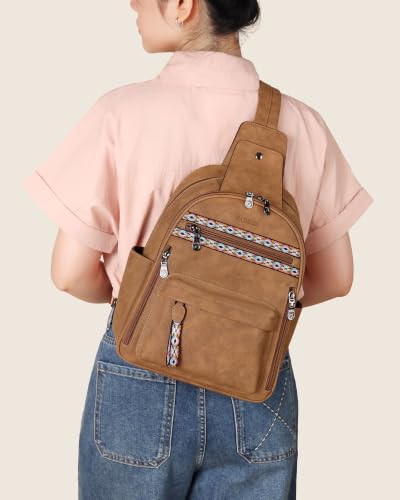 FADEON Large Sling Bag for Women, Leather Crossbody Purse Designer Anti Theft Sling Backpack, RFID Fanny Packs for Travel - color: Camel Brown Nubuck Style