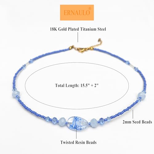 Beaded Necklaces for Women Summer Beach Beaded Necklace Bead Choker Boho Necklaces for Women Handmade Summer Jewelry Stainless Steel 18K Gold Plated - color: Blue
