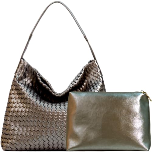 JINMANXUE Women Boston Bag, Woven Hobo Tote Handbag and Purses, Female Satchel Messenger Bags, Fashion Shoulder Crossbody Bag - color: Ebony Gold
