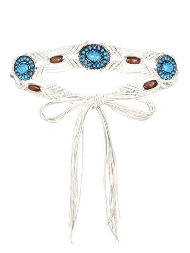 TeeYee Women's Waist Belt Adjustable Boho Style Handwoven Bohemia Tassel Rope Tie with Wooden Beads Braided Chain for Dress - color: Bw0272white