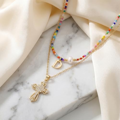 Colorful Pearl Beaded Initial Choker Necklaces for Women, Boho Handmade Personalized Seed Beads Letter Name Necklace Beach Surfer Bohemian Jewelry Gift - color: Cross D