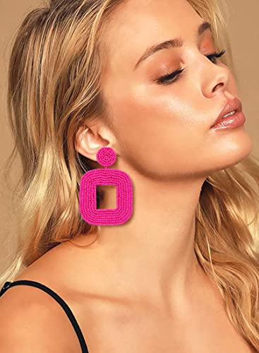Beaded Drop Earrings Multicolored Seed Bead Earrings for Women Bohemia Statement Square Bead Hoop Dangle Earrings for Wedding Party Vacation - color: B Rose Red
