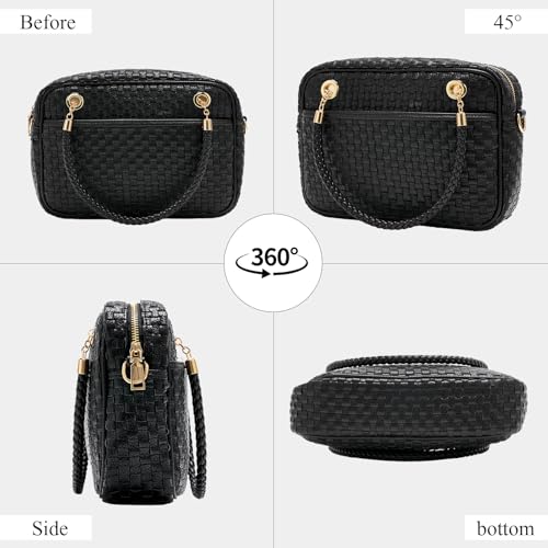 Chic Woven Crossbody Camera Bag, Soft Vegan Leather Purse with Designer Look & Braided Handle - color: Black