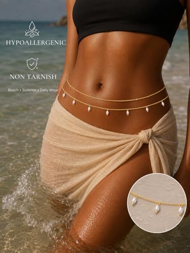 Waist Chain for Women 14K Gold Plated Waist Beads Belly Chain Dainty Layered Body Chain Belt Beach Jewelry for Women Sexy Waterproof Non Tarnish Adjustable Summer Jewelry Accessories - style: twist & pearl