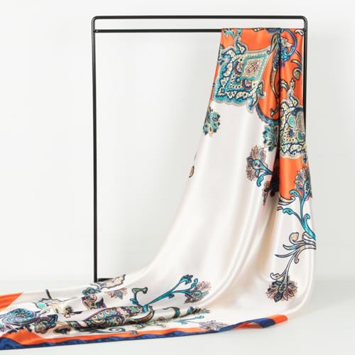 RIIQIICHY Head Scarf for Women Like Silk Scarf Hair Scarf Printed Square Scarf Bandanas for Women 35 Inches - color: Beige/Orange/Navy