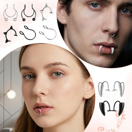 10PCS Fake Septum Rings Stainless Steel Fake Lip Ring Clip on Septum Piercing Adjustable Non-Piercing Lip Piercing Jewelry Double Hoop Nose Ring Clip On Helix Cartilage Hoop Earring Cuff for Women Men