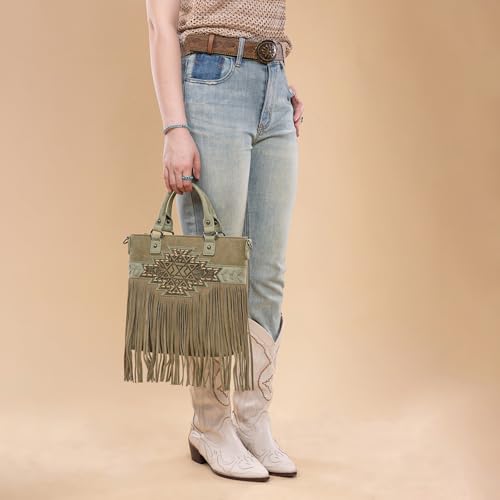 Trinity Ranch Crossbody Bags for Women Tooled Fringe Top Handle Handbags Vintage Western Purse - color: Green