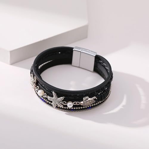 Long tiantian Boho Leather Wrap Bracelets Western Bracelets for Women Stackable Starfish Crystal Pearl Turquoise Leather Bracelet With Clasp Jewelry Gifts Boho Dresses - color: B4:BLACK Bracelet