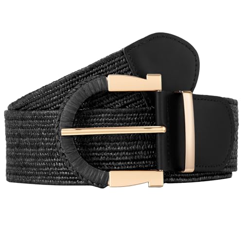 JASGOOD Straw Woven Belt for Women Dresses Boho Elastic Braided Belt Rattan Raffia Belts Ladies Wide Belt,1.97" Width - color: D-black, size: Fit waist size 40"-45"