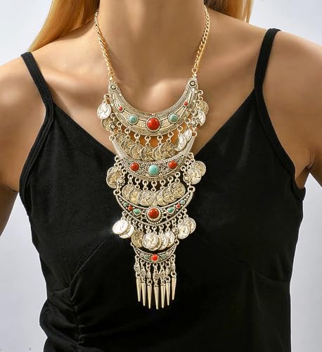 Bethynas Bohemian Ethnic Tribal Chunky Necklace Multilayer Long Tassel Turquoise Statement Neck Chain Retro Coin Gemstone Exaggerated Costume Accessories for Women - color: A-Gold