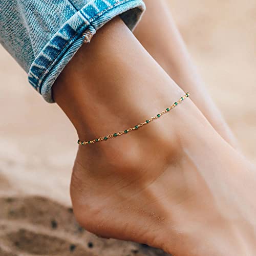 MTMY Gold Anklets for Women 14K Gold Plated Tiny Bead Anklet Colorful Tassel Foot Chain Dainty Adjustable Cute Summer Beach Boho Anklets Jewelry Gift - style: crystal-green