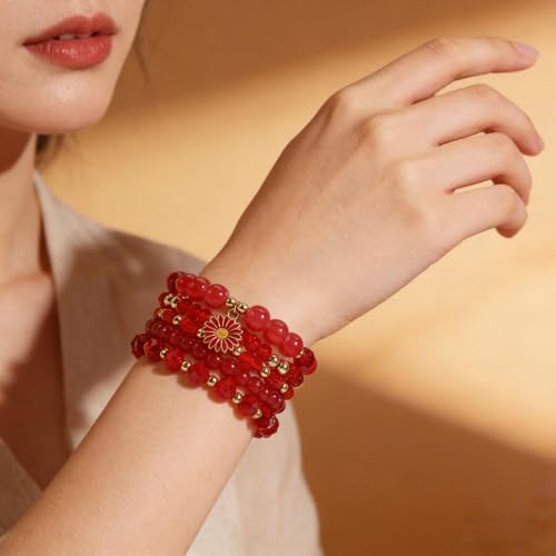 coadipress 5Pcs Bohemian Flower Stackable Bead Bracelets for Women Multilayer Crystal Glass Beaded Charm Bangles Bracelet Boho Summer Beach Hawaii Holiday Statement Jewelry - color: Red