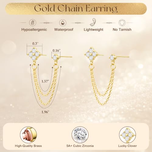 Freekiss Gold Chain Studs Earrings for Women Trendy: Hypoallergenic 14K Gold Plated Dangle Earrings Dainty Small Long Chain Earring Set Fashion Gold Jewelry for Women - style: 4cz chain earrings-gd