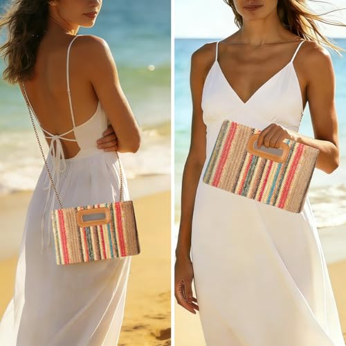 Beach Clutch Bag Straw Summer Clutch Purses for Women Handmade Woven Purse Detachable Gold Chain, Crossbody - color: Colorful