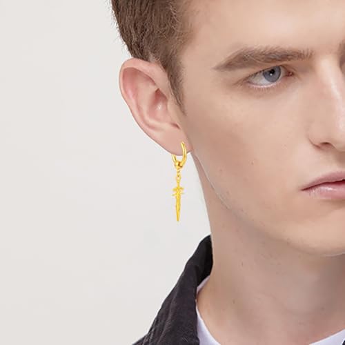 Sword Drop Dangle Small Hoop Earrings for Women Men Stainless Steel Engrave Dagger Halloween Statement Charms Drop Dangling Hoops Cuff Cartilage Wrap Vintage Punk Pray Jewelry - color: Gold-Toned