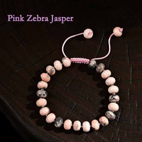 468Handmade Adjustable Natural Gemstone Crystal Bracelet Healing Power Energy Inspirational Gifts with Card for Unisex - color: 07-Pink Zebra Jasper(Relax mood), size: 5x8mm