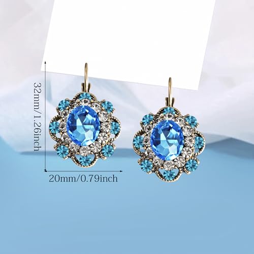 Handmade Bohemian Vintage Gold Sparkly Crystal Round Flower Leverback Earrings Cute Rhinestone Geometry Dangle Drop Earring for Women - color: Sky Blue