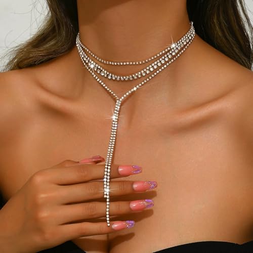Boho Layered Necklaces for Women Fashion Y Long Neckalce Statement Long Sweater Chain Necklace Black Shiny Choker Necklace Wedding Bridal - color: Style-B