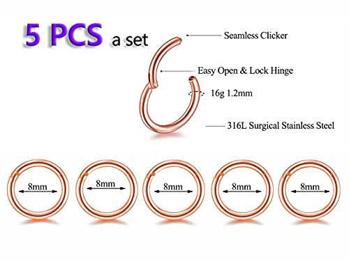 5Pcs 16G 18G Surgical Steel Nose Rings Hoop Tragus Septum Cartilage Hoop Earrings For Women Men Body Piercing Jewelry Kit Bar Length 6mm/8mm/10mm/12mm/14mm - style: 5Pcs -16G - Rose Gold - 8mm