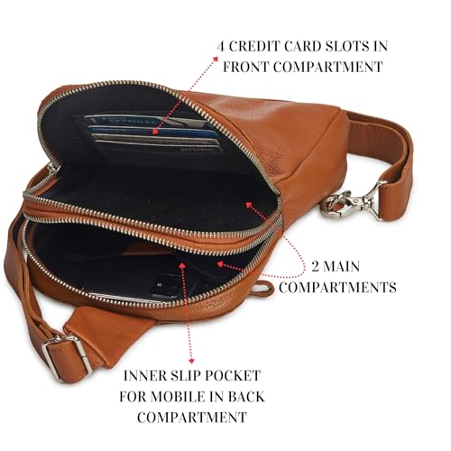 Leather Sling Bag for Women Genuine Crossbody Purse Small Trendy Cross Over Chest with Phone and Credit Card Slots (Cognac Nappa) - color: Cognac Nappa