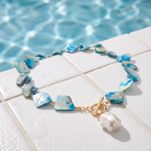 Chunky Shell Choker Necklace for Women,Natural Irregular Pearl Beaded Beach Necklaces,OT Buckle Pearl Pendant Choker,Bohemian Beach Necklace,Summer Beach Vacation Jewelry Gift for Women - color: Blue
