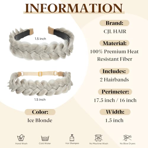 CJL HAIR 2PCs Braided Headbands Hair Piece for Women Synthetic Hair Hoops Head Bands Handmade Braid Hairband Accessories Elastic Stretch Headwrap Ice Blonde - color: 2PCS-Ice Blonde