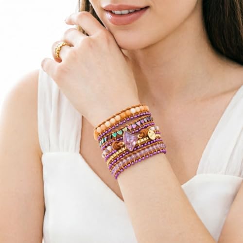 YGLINE Natural Stone Beaded Healing Wax String 5 Wraps Bracelets - color: purple