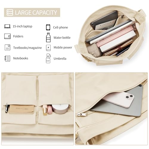 KALIDI Canvas Tote Bag Large Hobo Crossbody Shoulder Handbag Zipper Messenger Bag for Women or Men Casual College Work - color: Upgraded Beige