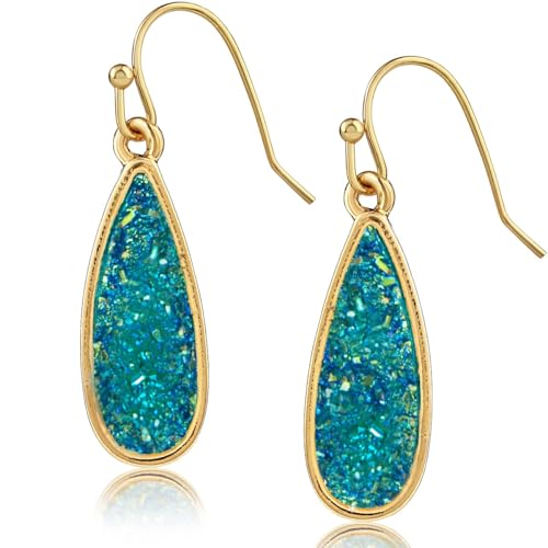 Teardrop Dangle Earrings for Women with Simulated Druzy Stones, in Gold or Rose Gold Tone - color: Gold - Blue Green Stone