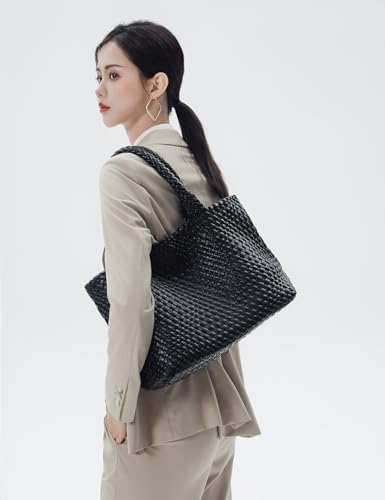 Handmade Woven Tote Bag for Women, Soft Vegan Leather Shoulder Bag with Purse, Large Travel Handbag - color: Black