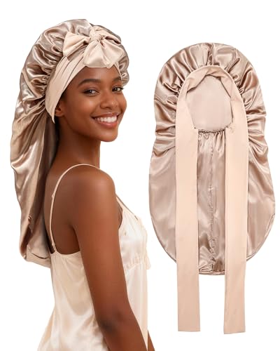 AWAYTR Long Satin Bonnet for Braids - Elastic Silk Hair Bonnets for Sleeping Night Cap Stretchy Tie Band for Women（Champagne） - color: Champagne