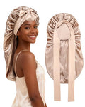 AWAYTR Long Satin Bonnet for Braids - Elastic Silk Hair Bonnets for Sleeping Night Cap Stretchy Tie Band for Women（Champagne） - color: Champagne