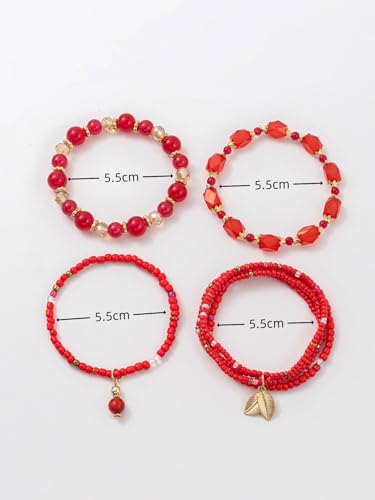 Caiyao 4Pcs Bohemia Multilayer Stackable Beaded Bracelets Set Colorful Crystal Stone Gold Beaded Stretch Bracelets Hawaii Charm Bracelet for Women Men Summer Beach Boho Vacation Jewelry Gifts - color: 7pcs red