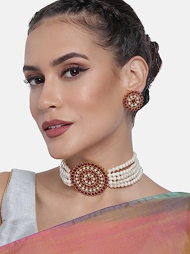 Aheli Pearl Diamond Choker Necklace & Round Earrings Gift for Women Indian Traditional Bollywood Fashion Bharatanatyam jewellery set - color: White & Maroon