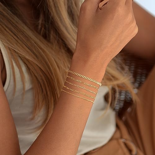 Dearmay Gold Bracelets for Women Waterproof, 14K Gold Plated Minimalist Bracelets Stack Non Tarnish Trendy Dainty Herringbone Vintage Cuban Paperclip Rope Thin Box Link Chain Stackable Jewelry Sets Modern Fashion Accessories Gifts for Womens - style: 5Pcs