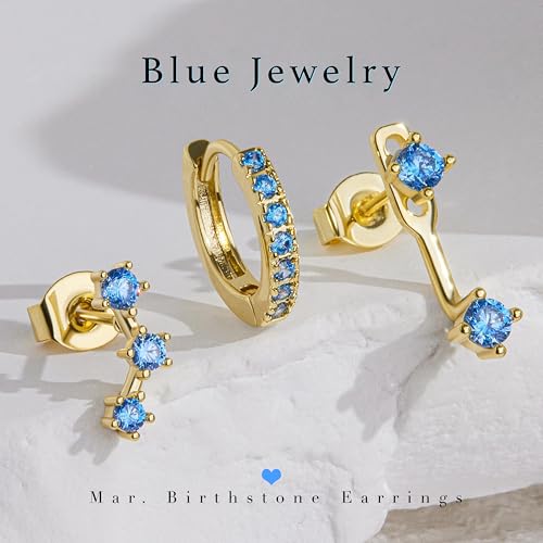 3 Pairs Dainty Small 4th of July Earrings for Women Trendy, Birthstone Stud Huggie Hoop Jacket Stack for Cartilage Helix, Gold Plated Hypoallergenic Cute Women Fashion Accessories Western Jewelry Gifts - color: 03Blue Created Aquamarine-Mar (Gold)