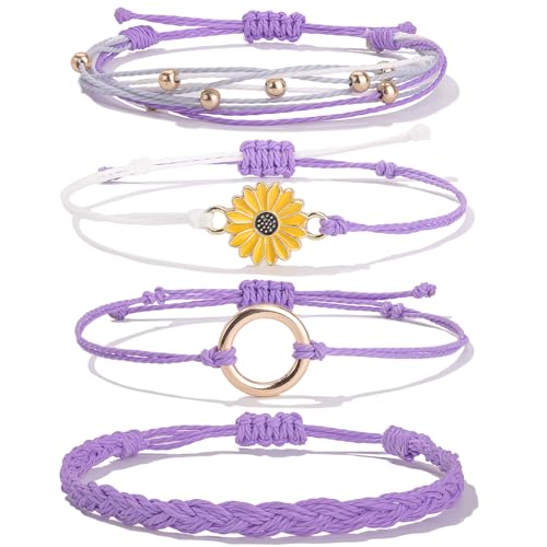 FANCY SHINY Easter Gifts Basket Stuffers Sunflower String Bracelet Boho Braided Rope Wrap Bracelets Cute Summer Beach Surfer Jewelry for Women - color: Purple