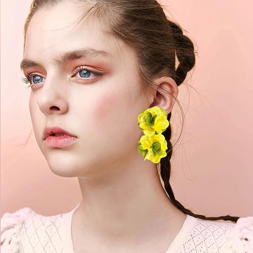 Oversized Fabric Flower Earrings for Women Statement Boho Chic Dangle Drop Earrings for Parties Weddings or Everyday Wear - color: Yellow Green