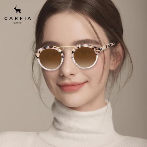 CARFIA Double Bridge Small Acetate Sunglasses for Women Polarized, Retro Metal Brow Ladies Sunnies Fashion Round Eyewears - color: 2. Pink White Tortoise Frame Gradient Brown Lens