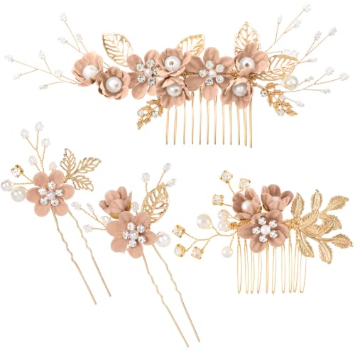 HINZIC 4pcs Flower Tassels Hairpin for Women, Crystal Pearl Hair Comb, Pink | Non-Slip, 4 Styles, Alloy Made, Adorned with Rhinestones and Pearl, for Wedding, Brides, Parties, for Long Hair - color: Pink-4pcs
